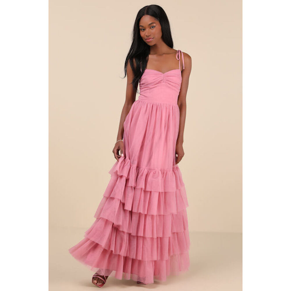 Lulus Endlessly Darling Dusty Rose Mesh Tiered Tie-strap Maxi Dress Pink